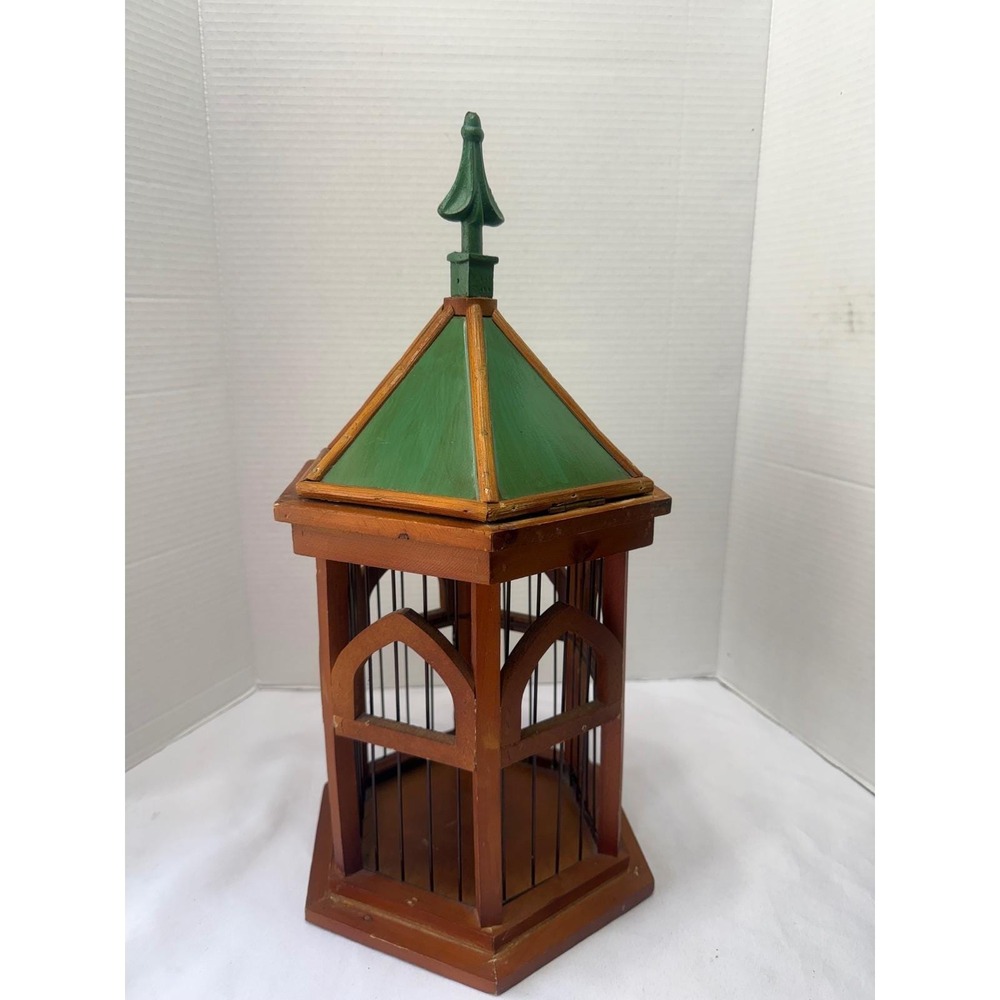 Vintage Wooden Hexagonal Bird Cage Decorative Gazebo Green Roof 16 Inch